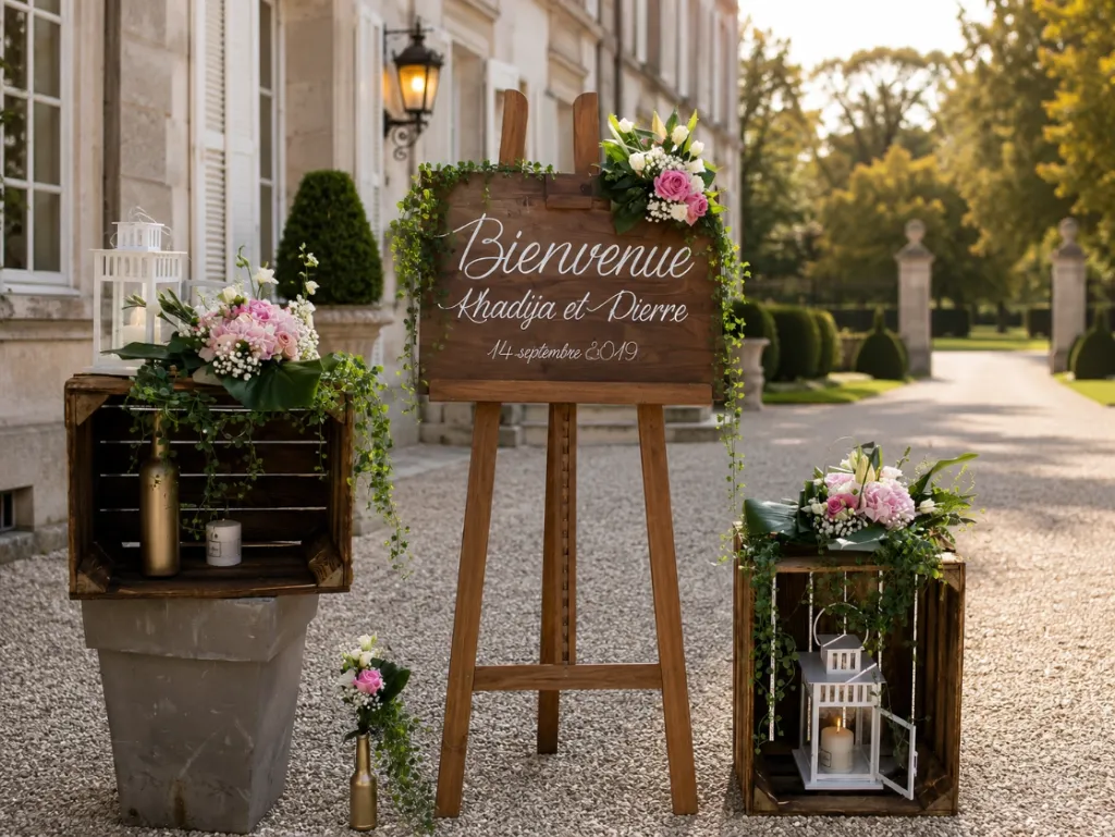 [Deco009] Panneau de bienvenue avec chevalet et caissons décorés